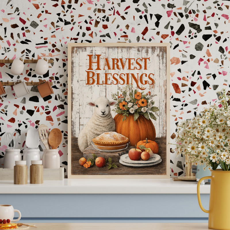 Harvest Blessings sheep canvas wall art with distressed lettering and muted earth tones, cozy fall accent for living room Harvest Blessings sheep canvas wall art with distressed lettering and muted earth tones, cozy fall accent for living room