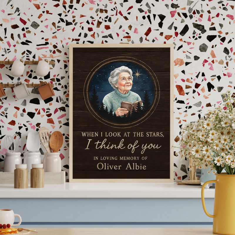 Personalized memorial canvas wall art for Mom with navy night sky map, custom photo, name and dates, gallery-wrapped portrait