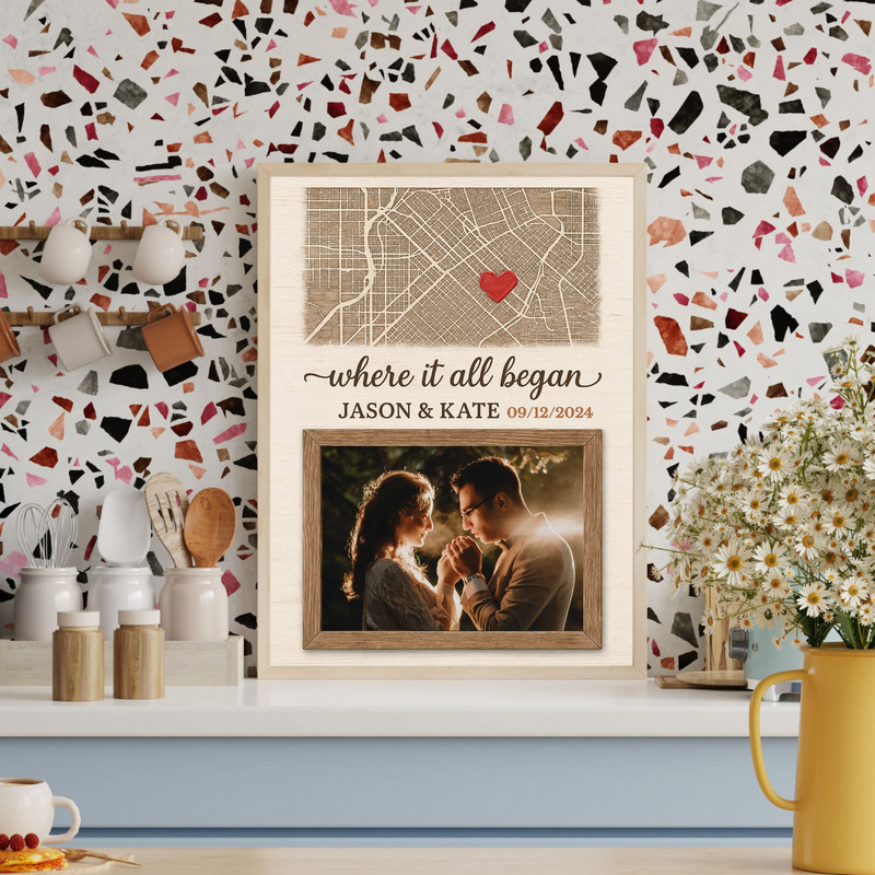 Where It All Began custom map and photo canvas, portrait, neutral tones, names and date; anniversary gift for couples