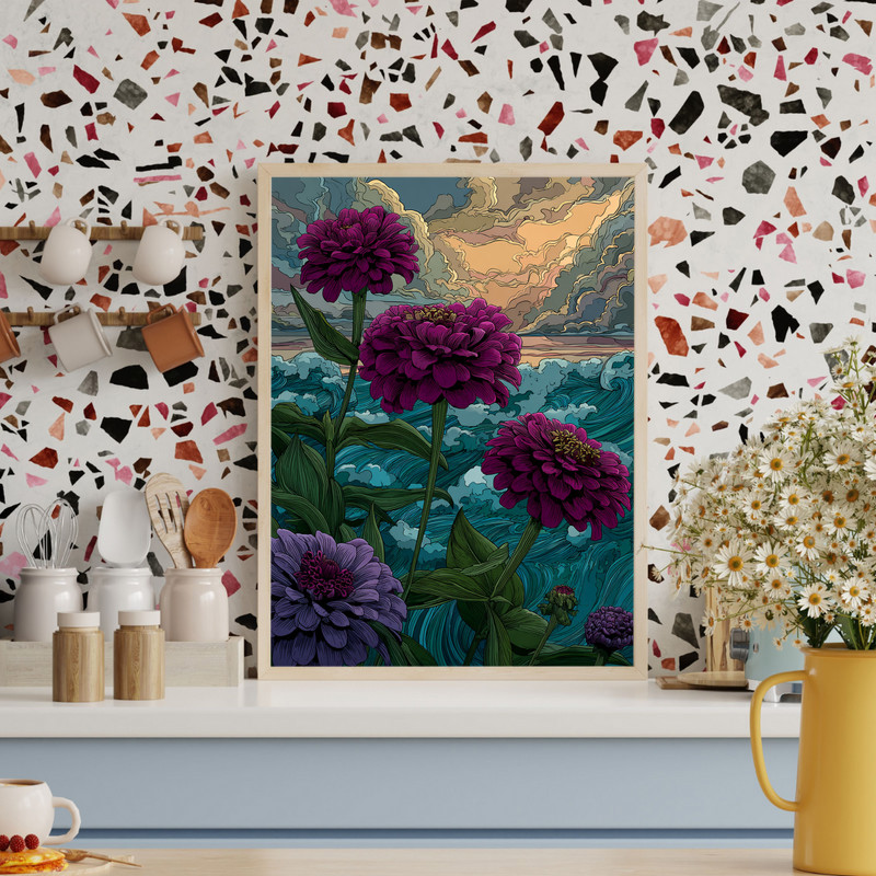 Zinnias at sunset canvas wall art, vibrant botanical wave illustration with curved petals in coral, peach, and gold tones | Family Wall Decor