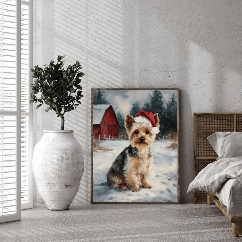 Yorkshire Terrier in Santa hat canvas wall art, landscape holiday print for living room, charming festive dog home decor