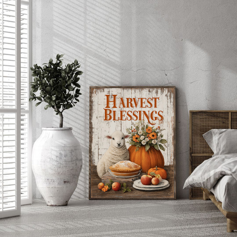 Harvest Blessings sheep canvas wall art featuring rustic script, neutral tones, Thanksgiving farmhouse living room decor Harvest Blessings sheep canvas wall art featuring rustic script, neutral tones, Thanksgiving farmhouse living room decor