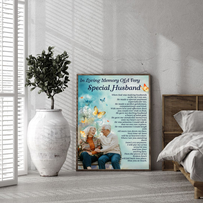 Memorial plaque wall art portrait for husband with thoughtful tribute wording, meaningful bereavement gift for remembrance