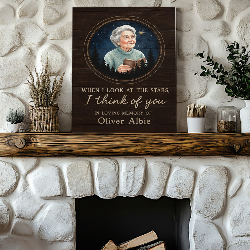 Personalized memorial canvas wall art for Mom, landscape layout with neutral sky map, custom photo, name and life dates