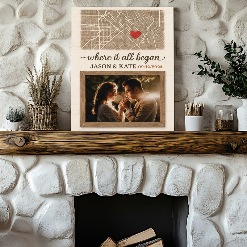Where It All Began map & photo canvas wall art, landscape black‑and‑white map with red heart pin, custom names and date
