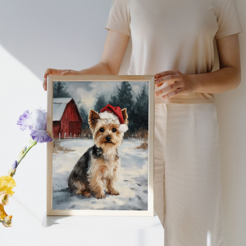 Yorkshire Terrier Santa hat canvas wall art, modern Christmas pet decor for living room; whimsical small dog holiday accent