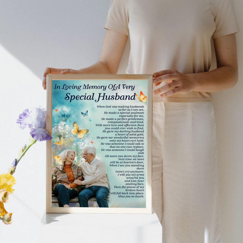 Memorial canvas poster portrait featuring 'In Loving Memory' message for a beloved husband, funeral or sympathy decor