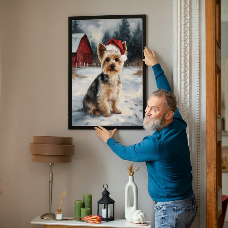 Yorkshire Terrier Santa hat canvas wall art, rustic Christmas wall decor for living room, adorable puppy-themed seasonal art