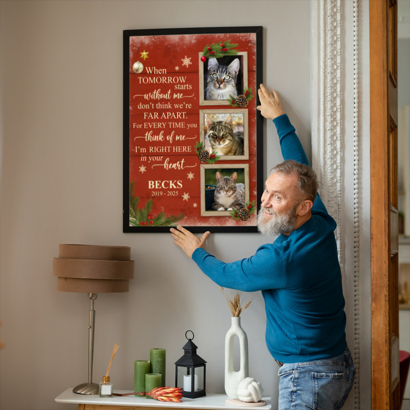 Cat memorial canvas wall art for living room decor, custom cat photo and poem, rustic wood frame, warm neutral tones
