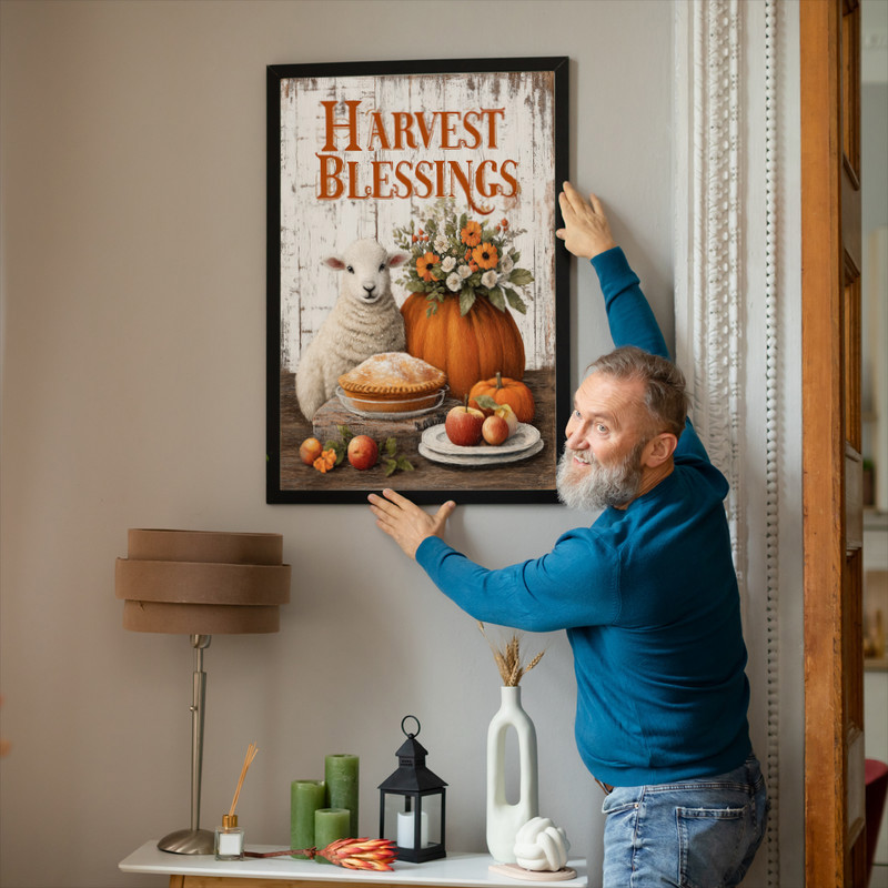 Harvest Blessings sheep canvas wall art with cozy typography and autumn meadow scene, thoughtful Thanksgiving hostess gift Harvest Blessings sheep canvas wall art with cozy typography and autumn meadow scene, thoughtful Thanksgiving hostess gift