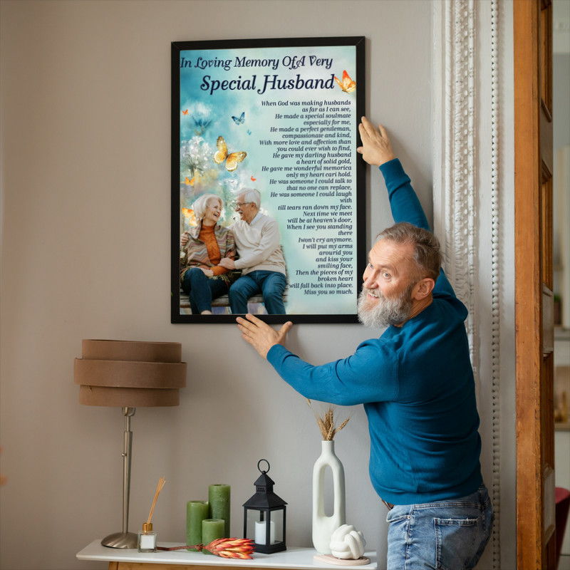 Memorial tribute wall art portrait poster for a special husband with 'In Loving Memory' wording, condolence gift for home
