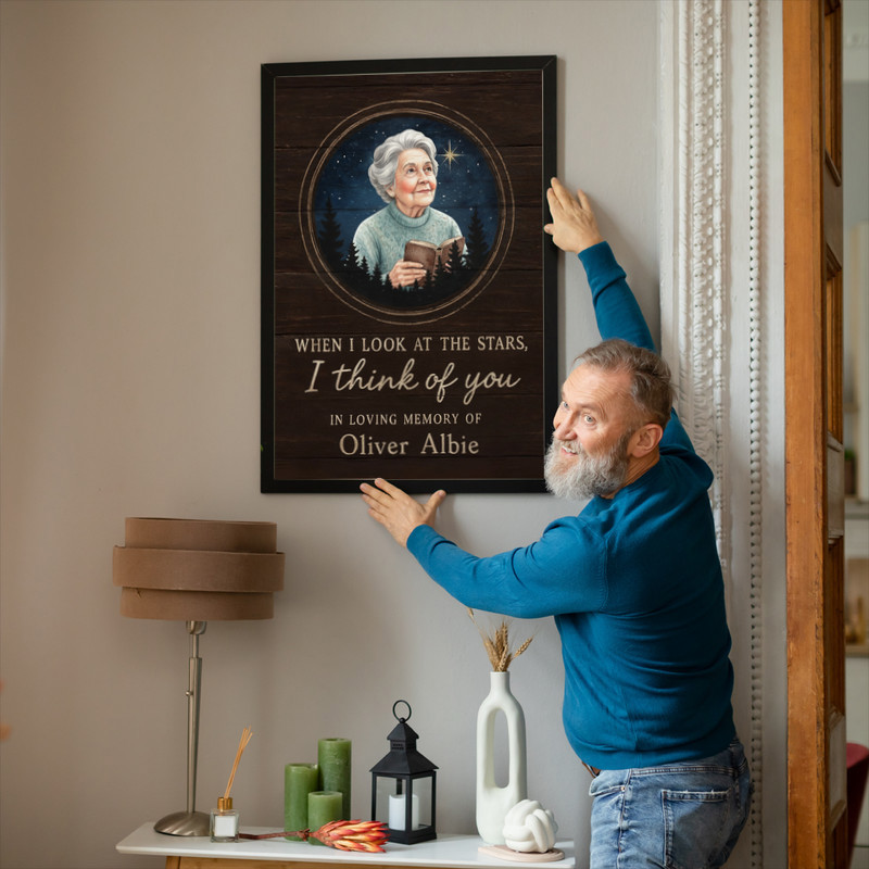 Personalized memorial canvas wall art for Mom with star map and photo, rustic farmhouse style, names and dates, hallway decor