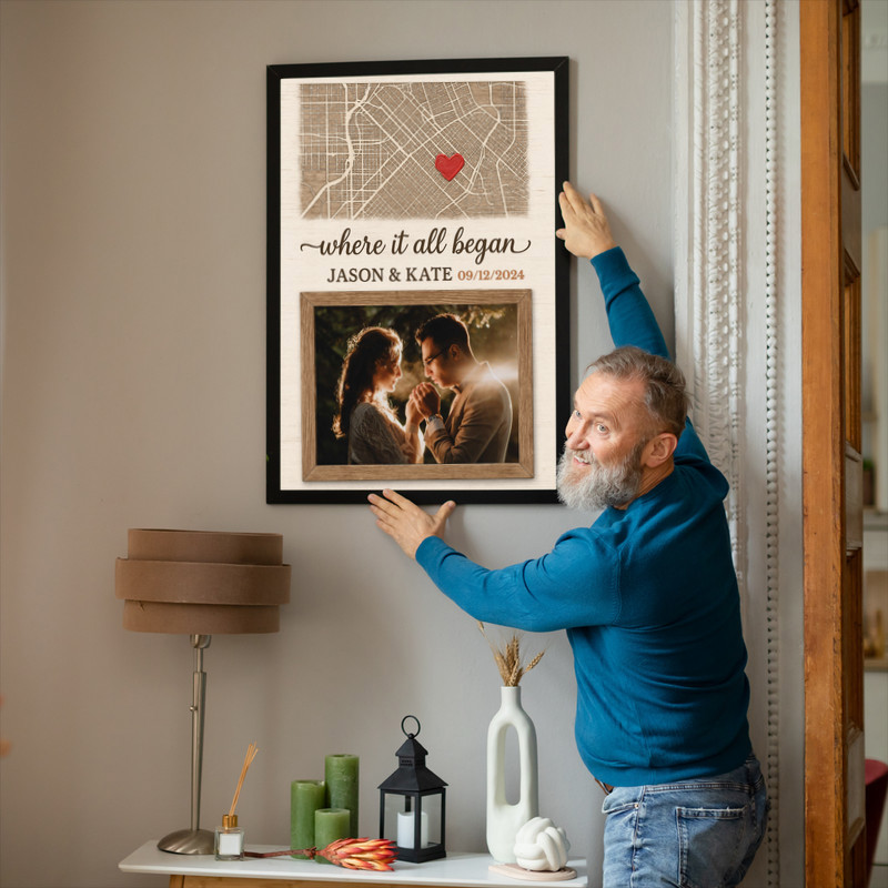 Where It All Began custom map photo canvas wall art in soft watercolor tones, personalized with coordinates, names, and date