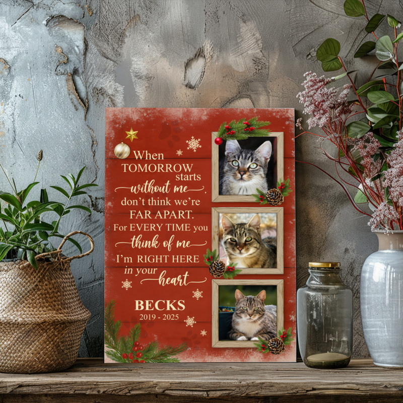 Cat loss memorial canvas wall art with custom pet photo and comforting poem, pastel watercolor style, unframed, landscape