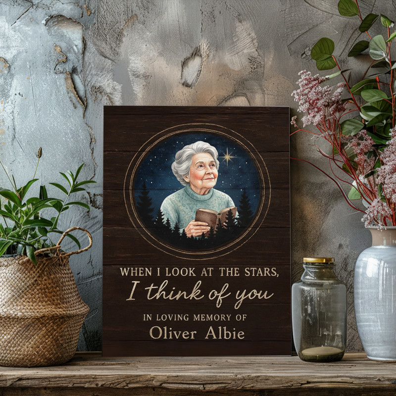 Personalized memorial canvas wall art for Mom, black-framed with night sky map, custom photo, name and dates, bedroom decor