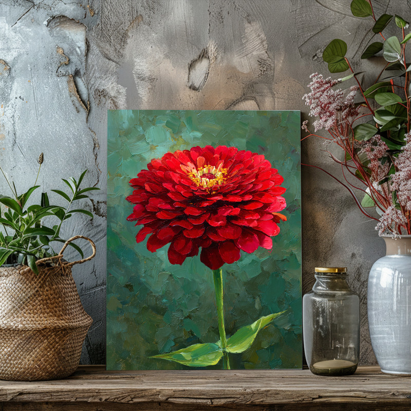 Scarlet zinnia botanical oil canvas wall art with a single bloom, rich crimson petals and golden center, portrait orientation | Family Wall Decor