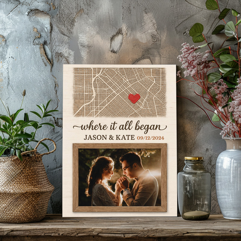 Where It All Began map and photo canvas art, rustic wood frame look, sepia photo, personalized names and date for couples