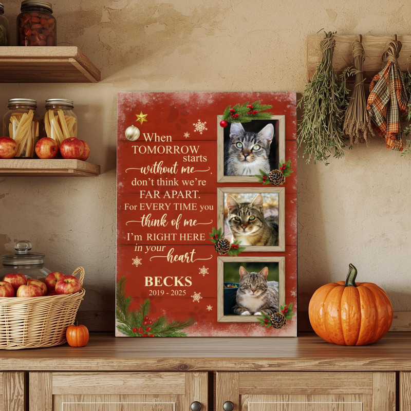 Cat memorial canvas wall art, custom pet photo with poem, minimalist black and white design, portrait orientation, no frame