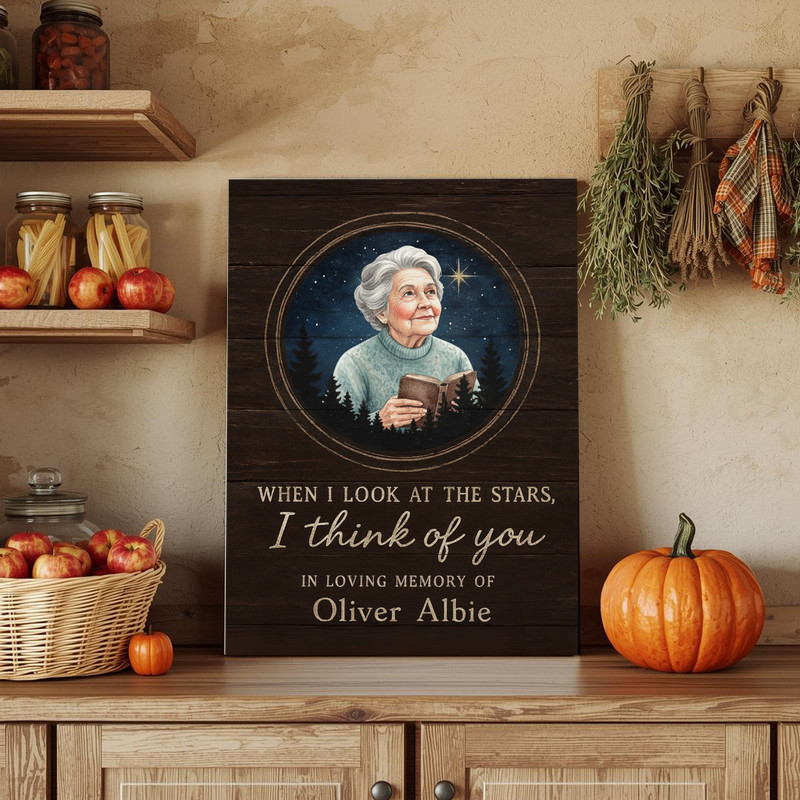 Personalized memorial canvas wall art for Mom with watercolor sky map and photo, names and dates, thoughtful sympathy gift