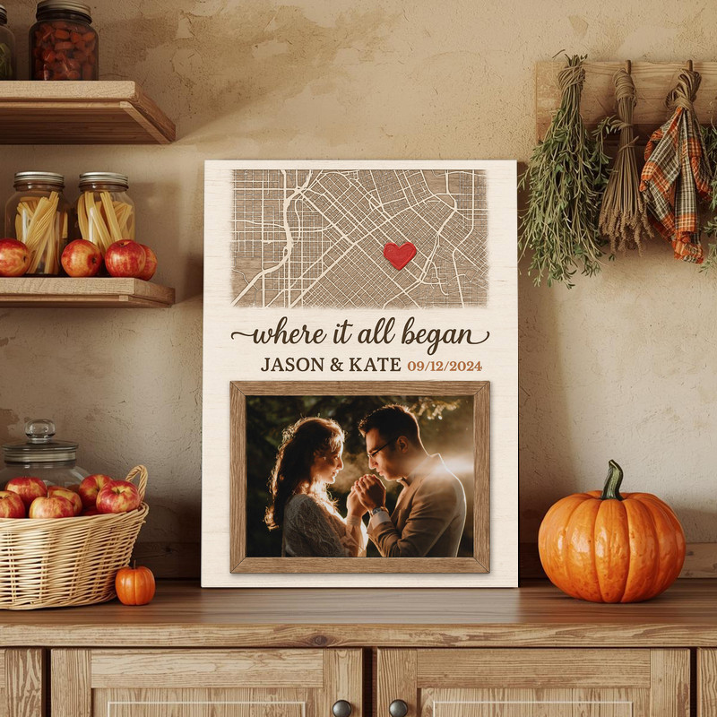 Where It All Began custom map & photo canvas wall art, modern minimalist type, photo left, names and date under coordinates