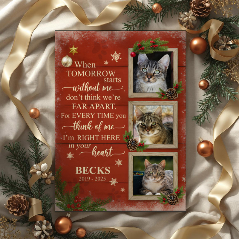 Cat loss memorial canvas wall art with custom photo and Rainbow Bridge poem, taupe canvas, bedroom decor, soft modern style