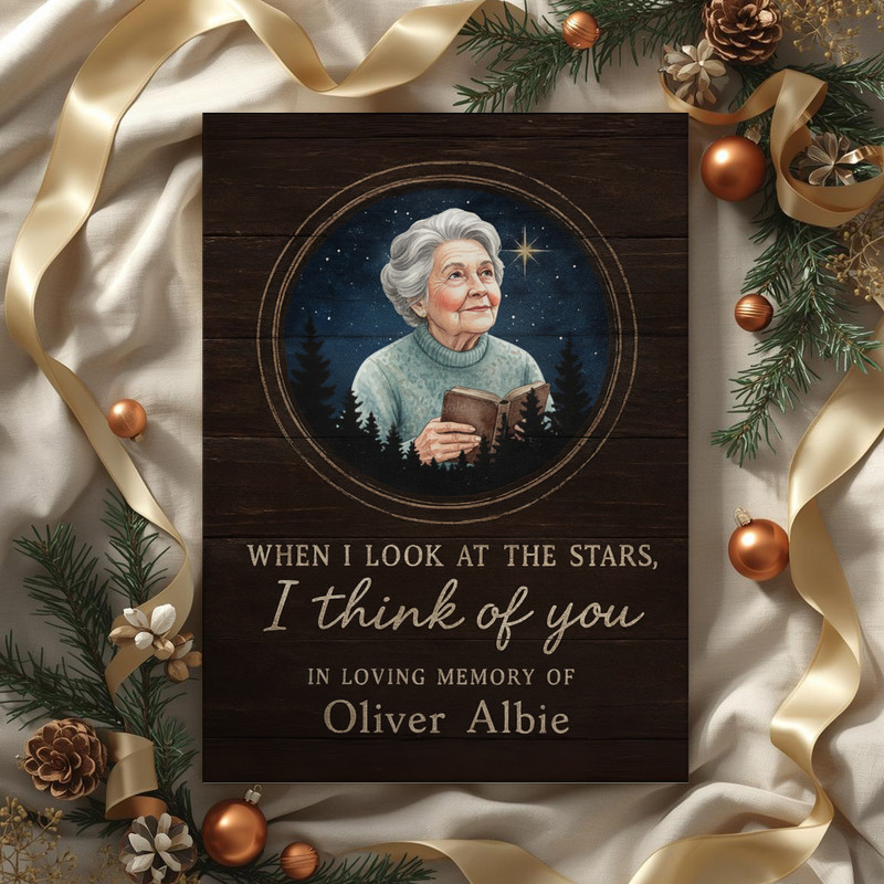 Personalized memorial canvas wall art for Mom, black and white with sky map, custom photo, name and dates, office decor