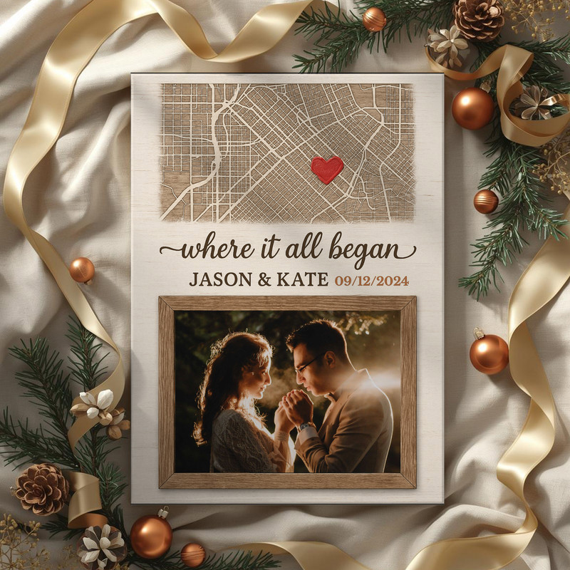 Where It All Began map and photo canvas wall art, portrait with navy tone and heart marker, personalized for couples