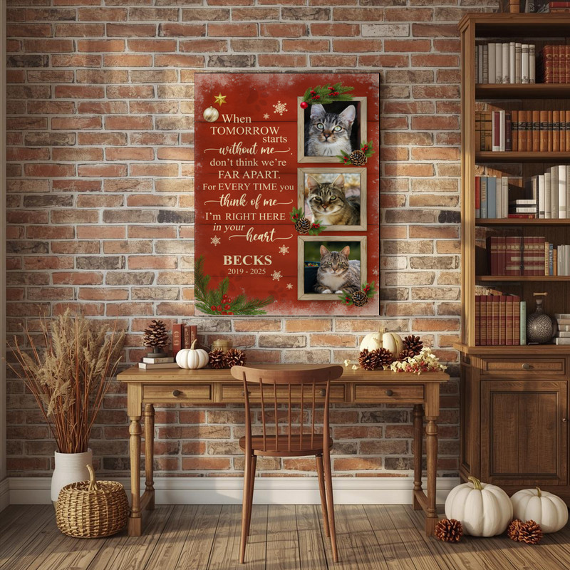 Cat memorial canvas wall art, custom pet photo and poem, thoughtful sympathy gift for a cat lover, walnut frame, landscape