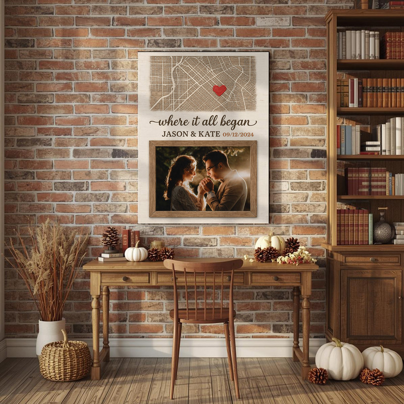 Where It All Began custom map & photo canvas art, landscape cream background, names and date; wedding or anniversary gift