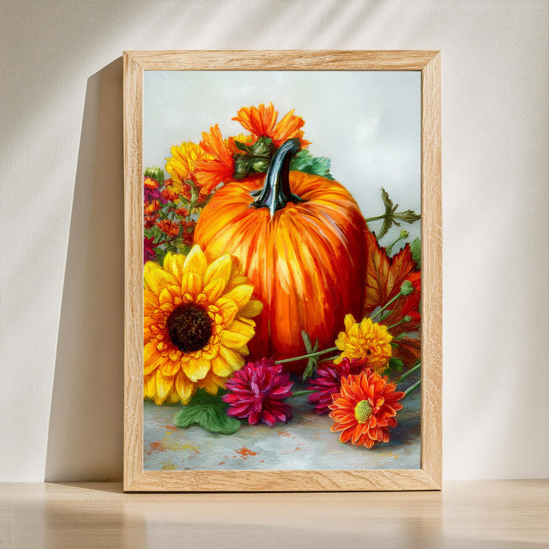 Autumn still life canvas wall art with pumpkin and sunflowers, warm fall tones for cozy kitchen or dining room decor | Familywalldecor