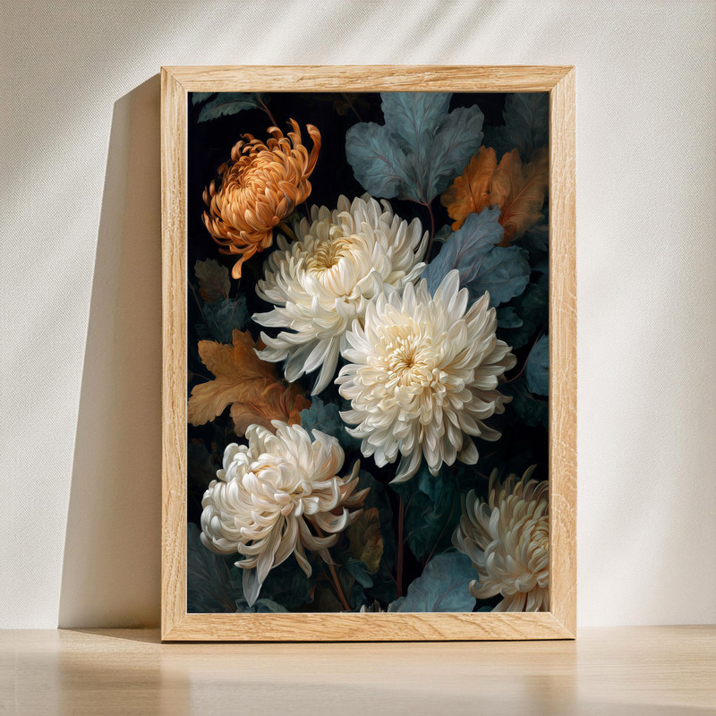 Blush chrysanthemums botanical canvas wall art on midnight navy, oil-painted petals with textured highlights and depth | Family Wall Decor