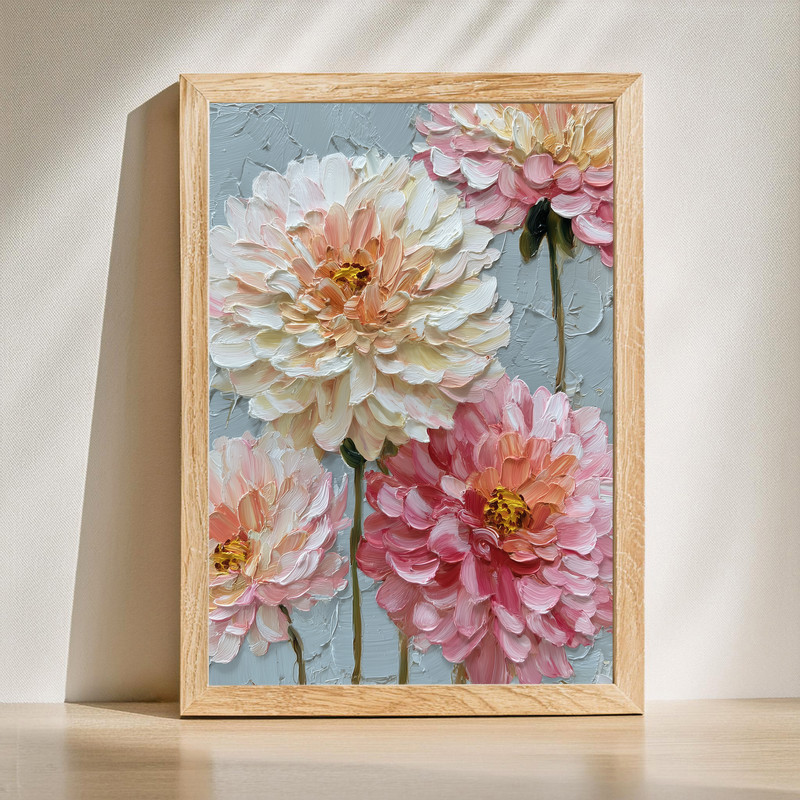 Blush & Cream Dahlia Elegance fine art oil painting canvas wall art, soft dahlias with textured brushstrokes for serene decor | Family Wall Decor
