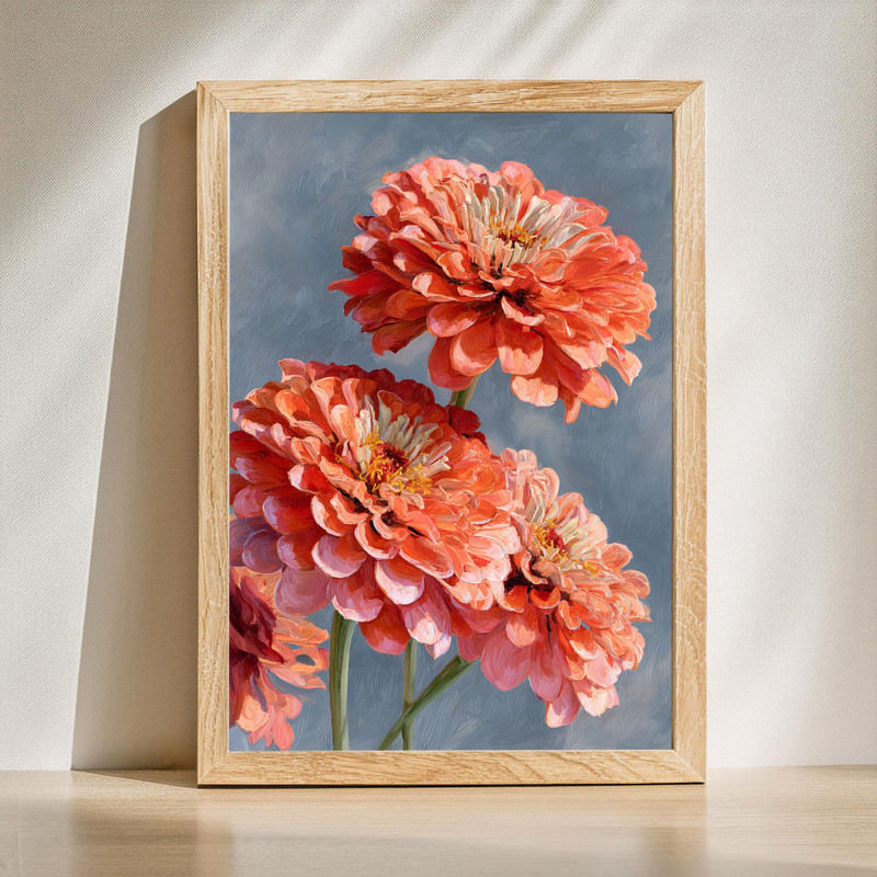 Blush zinnia vintage floral oil painting canvas wall art with soft pink petals and painterly brushstrokes, portrait orientation | Familywalldecor
