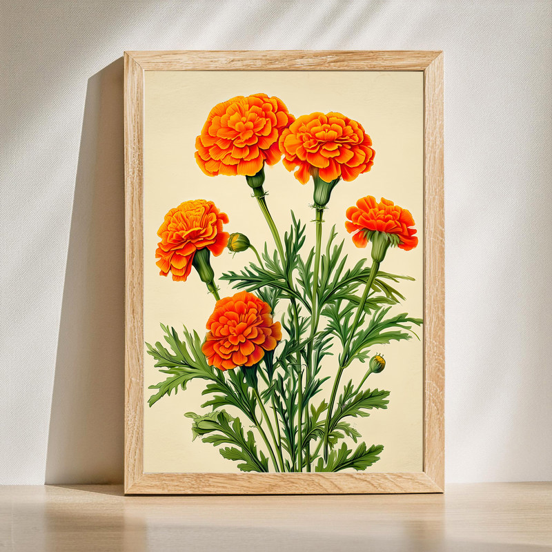 Botanical marigolds canvas wall art, floral illustration featuring detailed marigold blossoms and foliage on canvas | Family Wall Decor