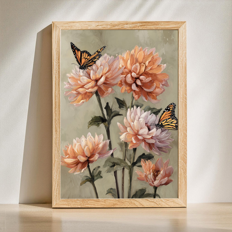 Chrysanthemums with monarchs canvas wall art, elegant botanical print on gallery-wrapped canvas, vertical, cream background | Family Wall Decor