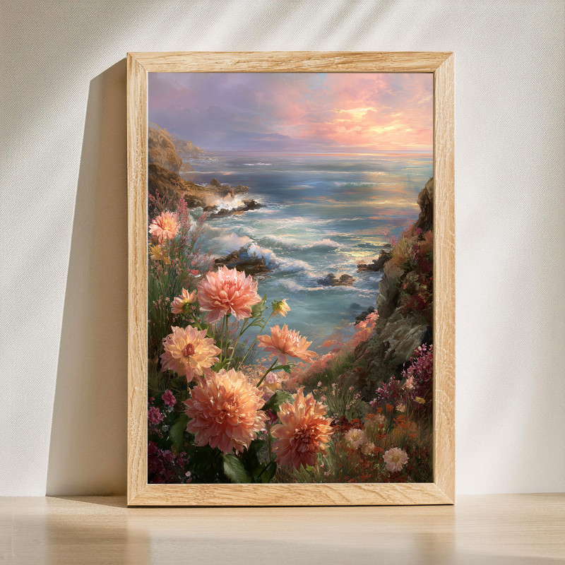 Coral Dahlias On The Cliff – Sunset Coastal Landscape Canvas Wall Art | Family Wall Decor