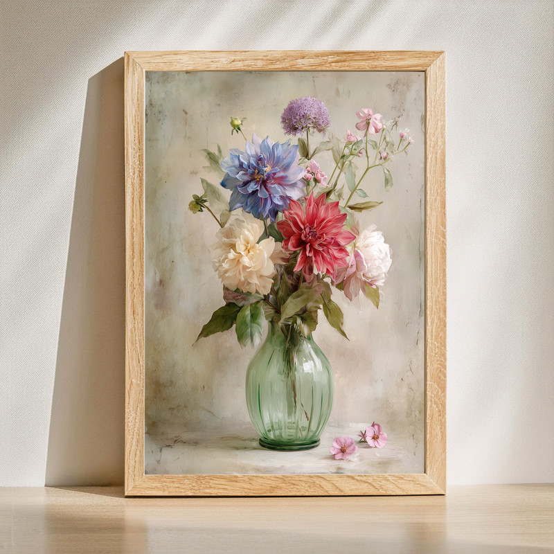 Dahlia and peony bouquet watercolor canvas wall art, soft pastel florals on ivory, portrait orientation for living room decor | Family Wall Decor