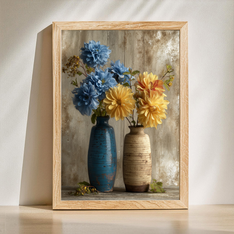Dual Elegance, Dahlias In Rustic Vases Canvas Wall Art | Family Wall Decor