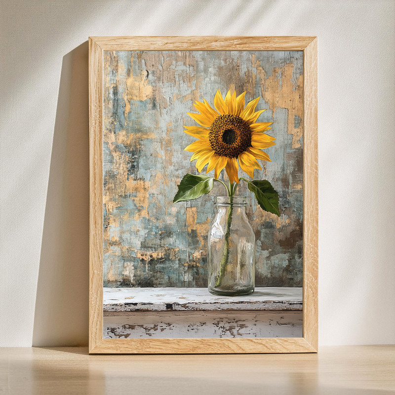 Farmhouse single sunflower canvas wall art with rustic shiplap backdrop, warm neutrals, and a stem, portrait orientation. | Family Wall Decor