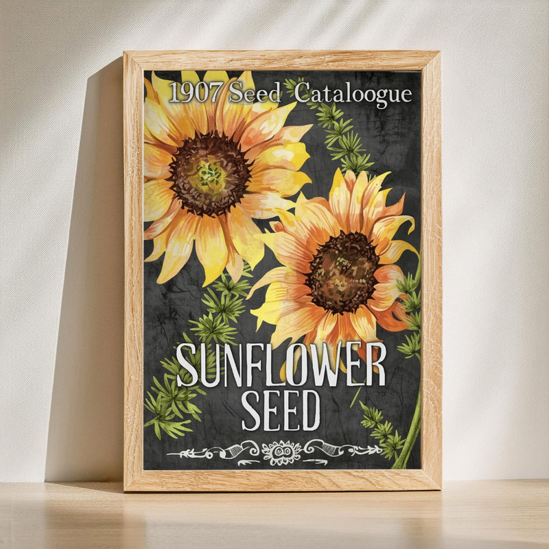 Sunflower seed canvas wall art, rustic farmhouse, vintage seed packet-inspired typography, cream tones for kitchen decor | Family Wall Decor