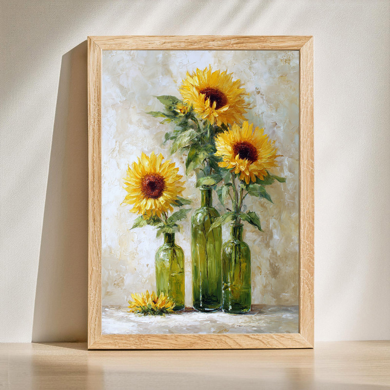 Sunflower triptych canvas wall art in farmhouse style, three panels with golden blooms and green leaves, coordinated set | Family Wall Decor