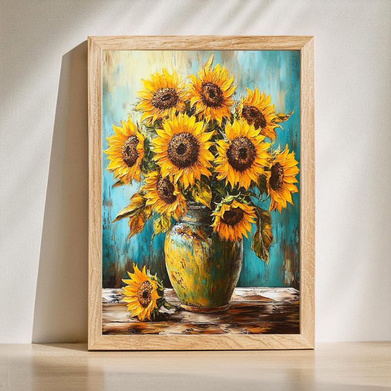 Farmhouse sunflower vase canvas wall art with bright yellow blooms in a rustic setting for kitchen or dining room decor | Family Wall Decor