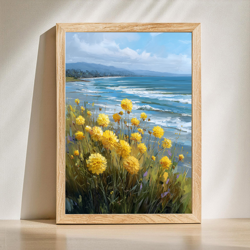 Golden Coastal Dahlias, Ocean View Floral Landscape Canvas Wall Art | Family Wall Decor
