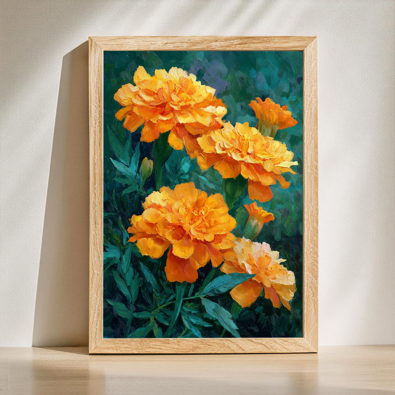 Golden marigold oil painting canvas wall art with textured petals and ochre tones, vertical orientation, living room decor | Familywalldecor