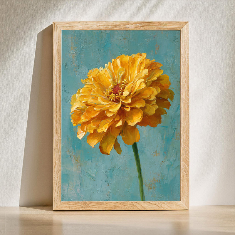 Golden zinnia bloom canvas wall art, oil painting texture, rich ochre petals on soft cream backdrop, portrait orientation | Familywalldecor