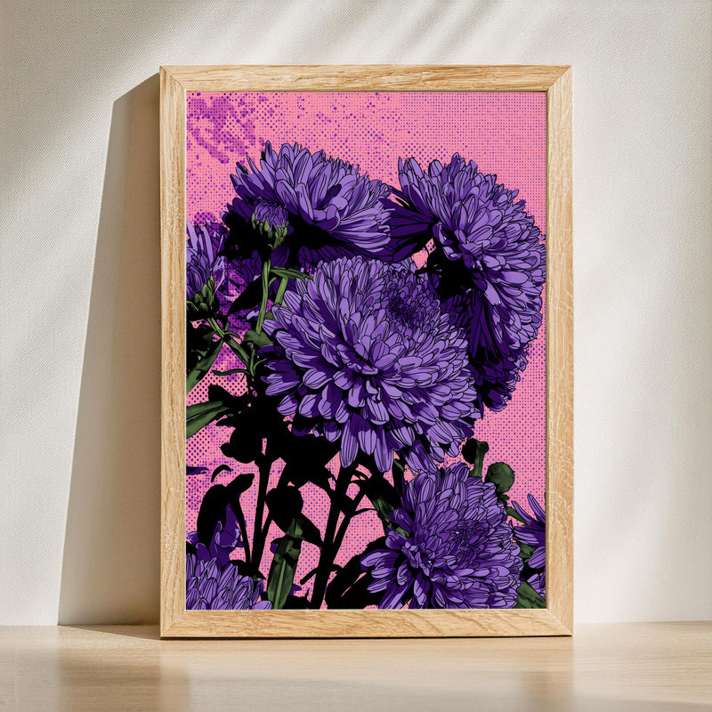 Lavender Chrysanthemums Cluster With Pop Art Style Canvas Wall Art | Family Wall Decor