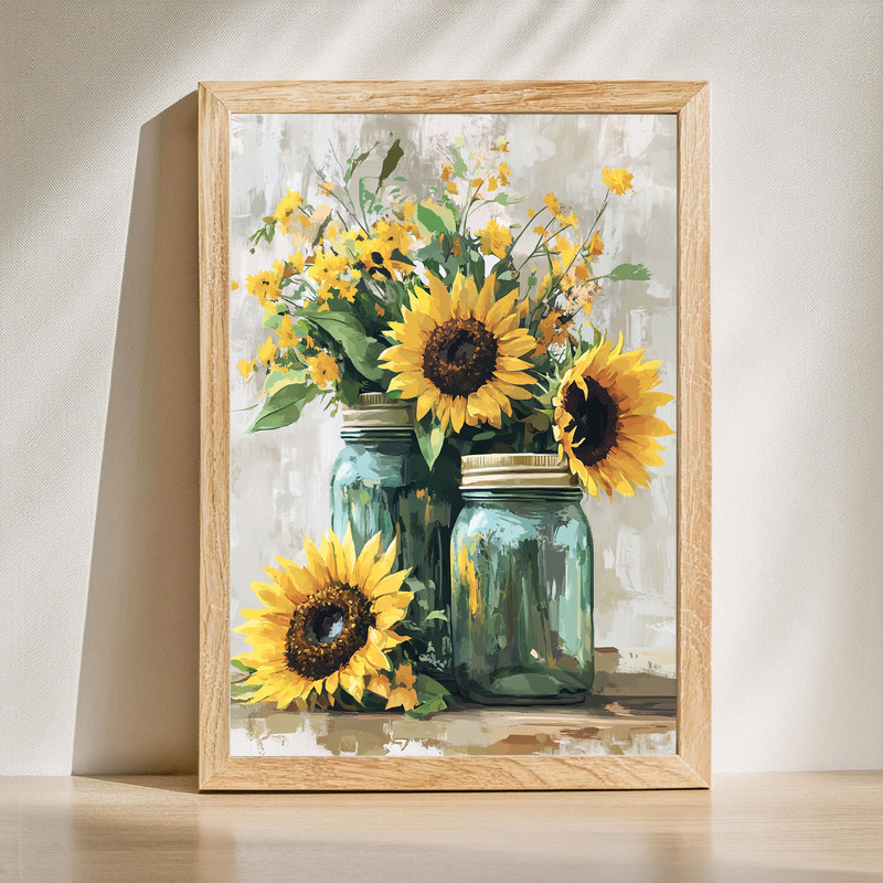 Sunflowers in mason jars canvas wall art, rustic farmhouse style on wood plank backdrop, bright yellow blooms and green stems | Family Wall Decor