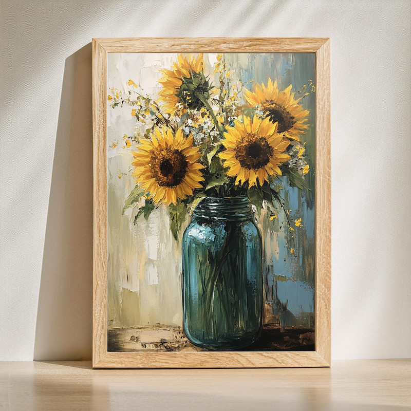 Sunflowers in mason jars canvas wall art, rustic farmhouse style with yellow blooms on neutral backdrop for cozy home decor | Family Wall Decor