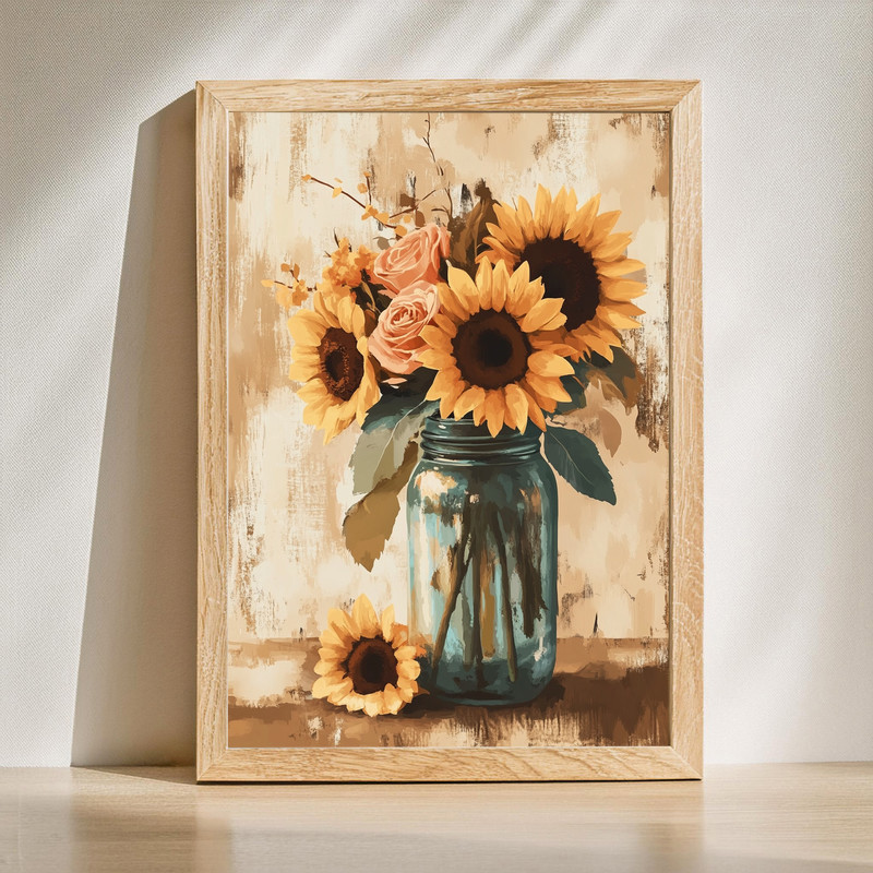 Sunflowers and roses mason jars canvas wall art in rustic farmhouse style, yellow blooms on a weathered wood background | Family Wall Decor