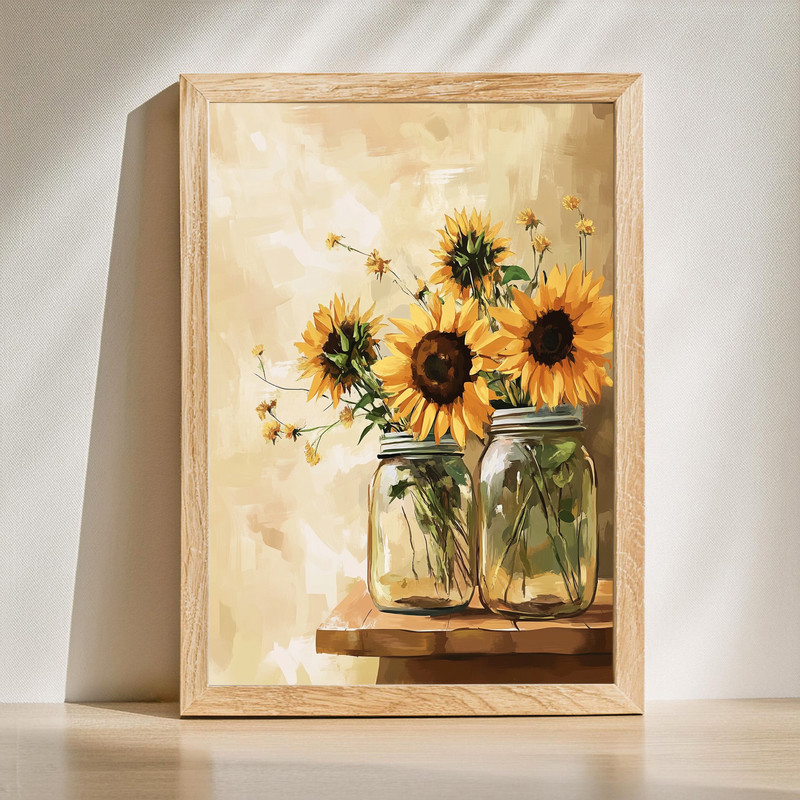 Sunflowers in mason jars canvas wall art, set of two, rustic farmhouse style on whitewashed wood, horizontal layout | Family Wall Decor